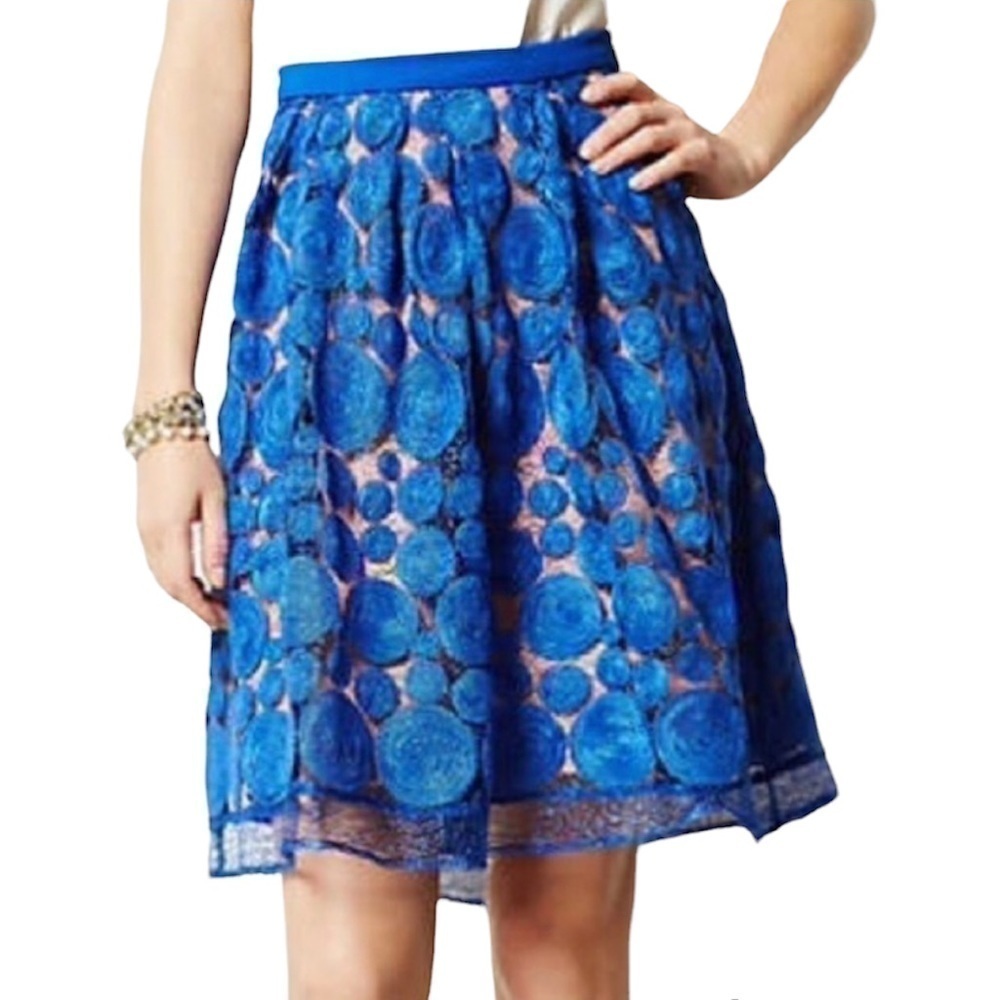 Eva Franco Blue Albastru Lace Circle Knee Length A-Line Skirt